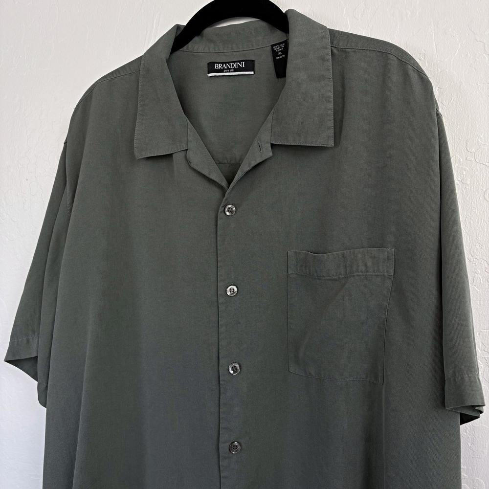 Brandini 100% Silk Camp Collar Shirt Mens XL Short Sleeve Sage Green Button Up - Picture 4 of 7